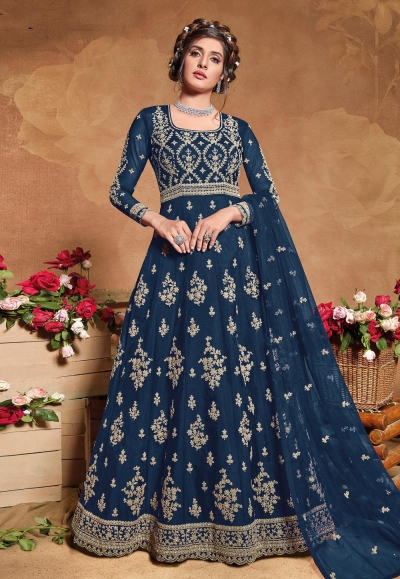 Blue net embroidered long anarkali suit 5105A