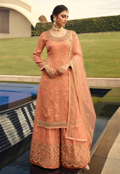 Peach jacquard silk embroidered kameez with palazzo 6701