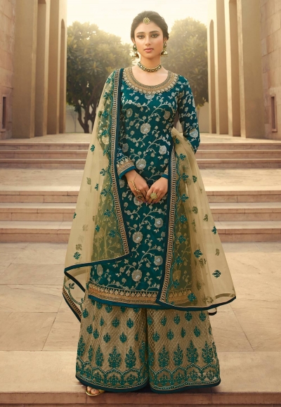 Teal jacquard silk embroidered kameez with palazzo 6703