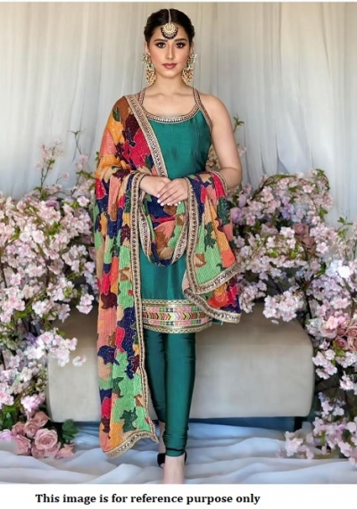 Bollywood model green tabby silk churidar