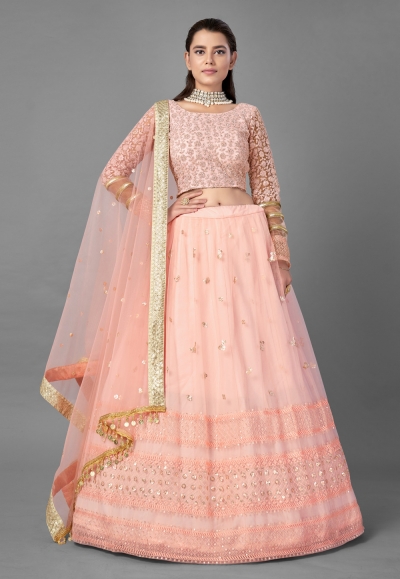 Peach net sequins work lehenga choli 6801