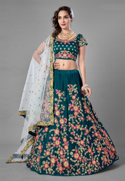 Teal satin sequins work lehenga choli 6809