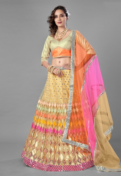 Yellow net mirror work lehenga choli 6810