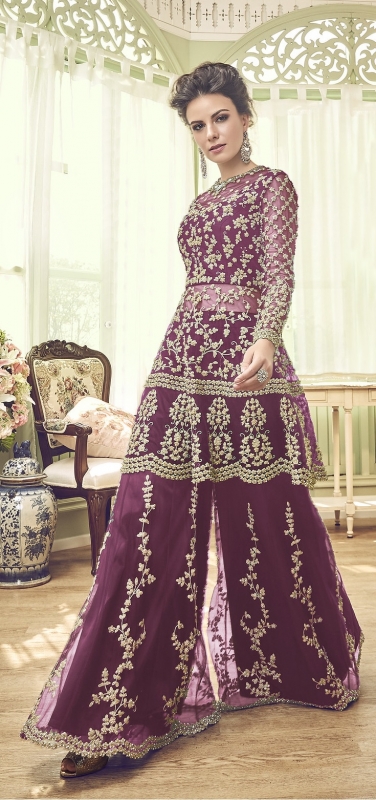 Women Wine Premium Net Embroidered Traditional Palazzo Suit main image 1