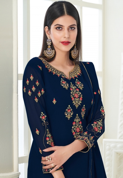 Navy Blue Heavy Faux Georgette Pant Suit