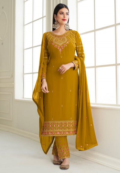 Mustard georgette pant style suit 8468