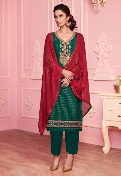 Green georgette pant style suit 2016