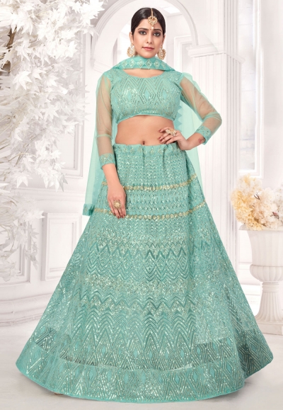 Sea green net sequins work lehenga choli 126645