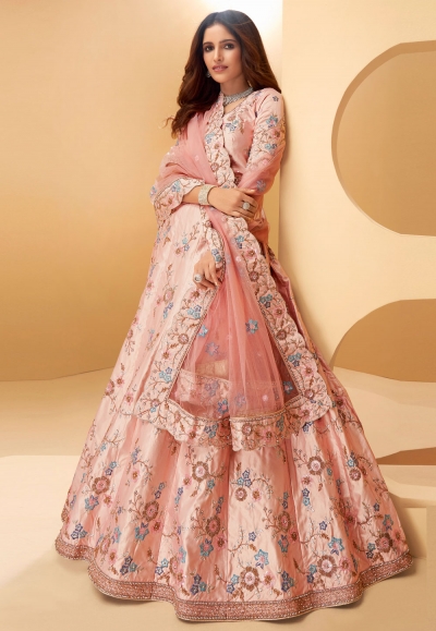 Pink silk embroidered lehenga choli 1025