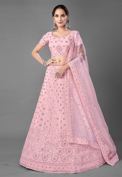 Pink georgette mirror work lehenga choli 6906