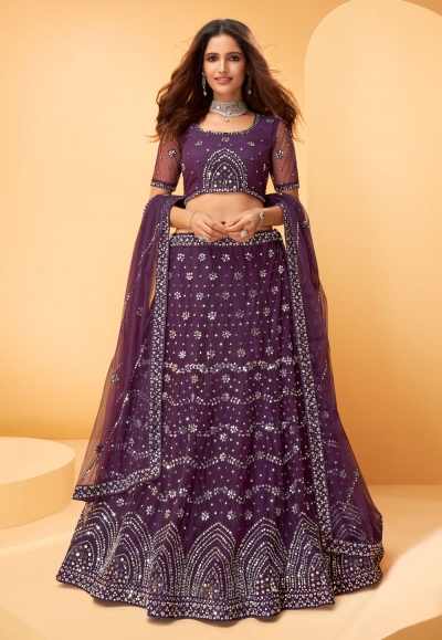 Purple net mirror work lehenga choli 1027C