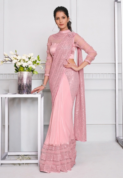 Pink lycra designer saree with blouse 21505