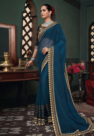 Blue silk festival wear saree 117927