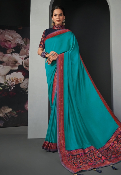 Turquoise silk festival wear saree 120259