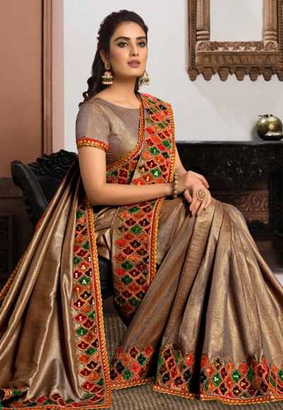 Women's Satin Silk Brown Printed Designer Saree With Blouse Piece