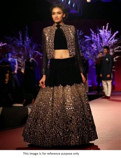 Bollywood model black velvet mirror work lehenga
