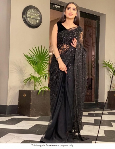 Bollywood model black net sequins saree