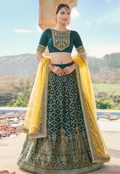 Teal brocade silk embroidered lehenga choli 4226