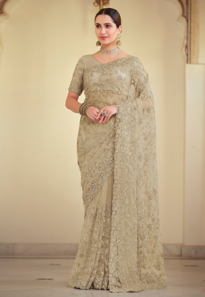 Beige net saree with blouse 7504
