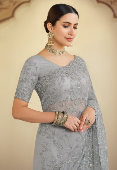 Women's Net Grey Embroidered Designer Saree With Blouse Piece