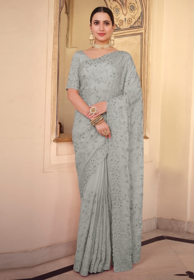 Grey chiffon saree with blouse 7536