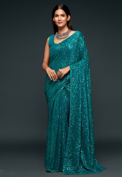Teal georgette saree with blouse 1002