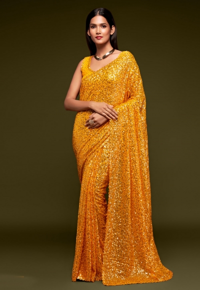 Yellow georgette festival wear saree 1009