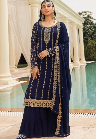blue georgette embroidered sharara pakistani suit 73005