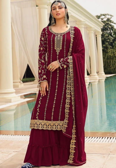 maroon georgette embroidered sharara pakistani suit 73002