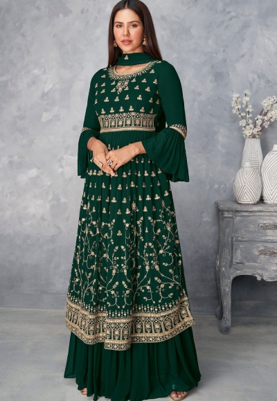 green georgette embroidered sharara suit 8582