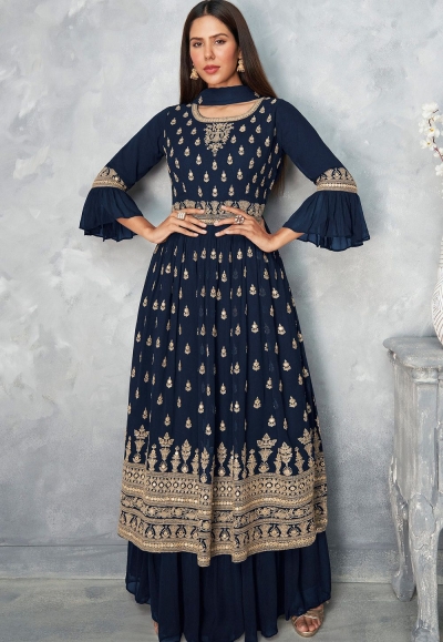 navy blue georgette embroidered sharara suit 8581
