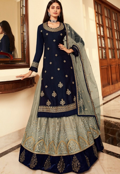 dark blue grey satin georgette lehenga style suit 7003