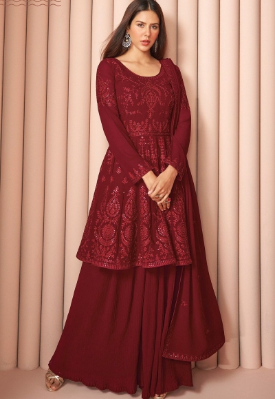maroon georgette embroidered sharara suit 8589