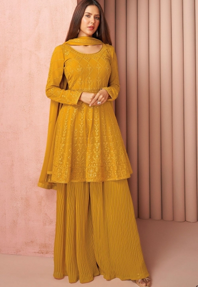 mustard georgette embroidered sharara suit 8588