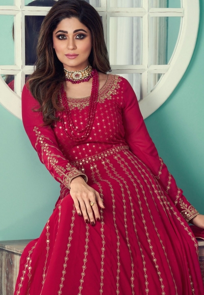 Carmine Pink Heavy Embroidered Suit Featuring Shamita Shetty