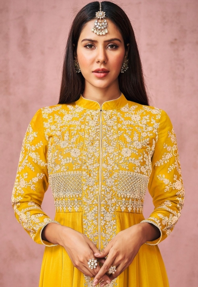 Coral Peach Slit Style Embroidered Georgette Skirt Anarkali Suit main image 0