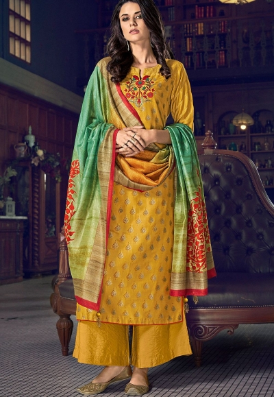 yellow art silk straight suit with jacquard printed dupatta 5008