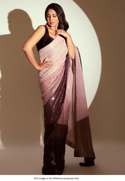Bollywood model beige and brown shaded sequins saree