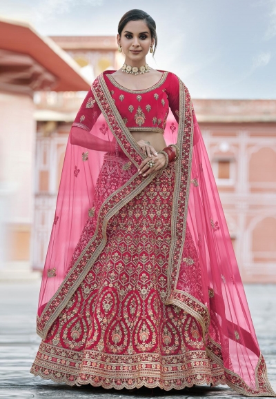 Pink velvet embroidered bridal lehenga choli 8102