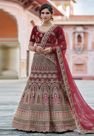 Maroon velvet embroidered bridal lehenga choli 8103