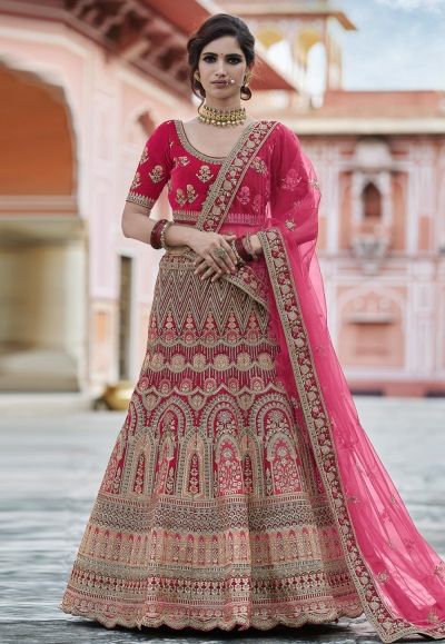 Pink velvet embroidered bridal lehenga choli 8104