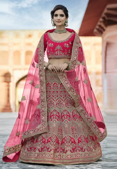 Pink velvet embroidered bridal lehenga choli 8120