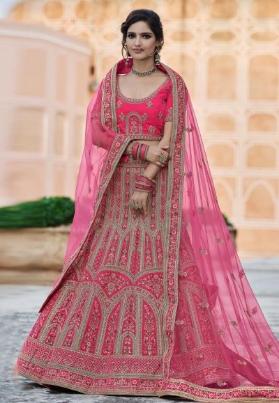 Pink velvet embroidered bridal lehenga choli 8128