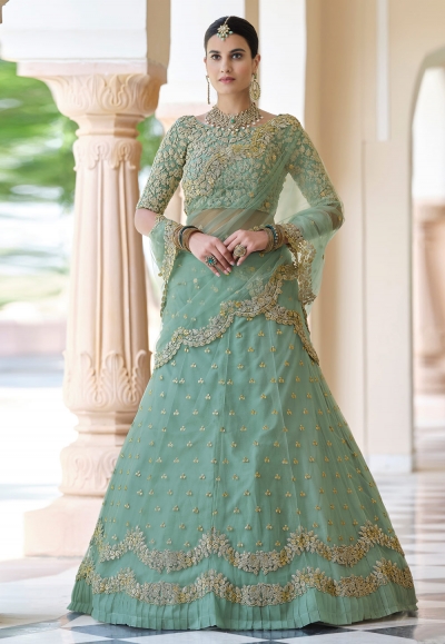 Pista green soft net a line lehenga choli 8402