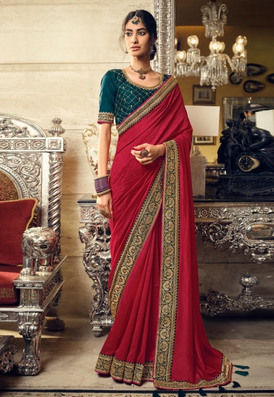 Red silk saree with blouse 3408