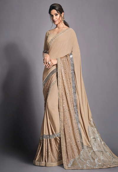 Beige lycra party wear saree with blouse 41808
