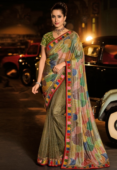 Mehndi silk saree with blouse 6015