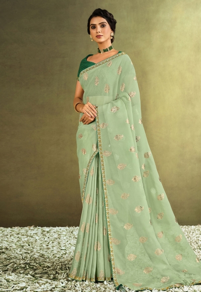 Sea green tissue saree with blouse 21909