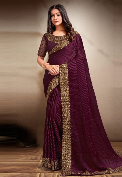 Purple satin silk festival wear saree 354A