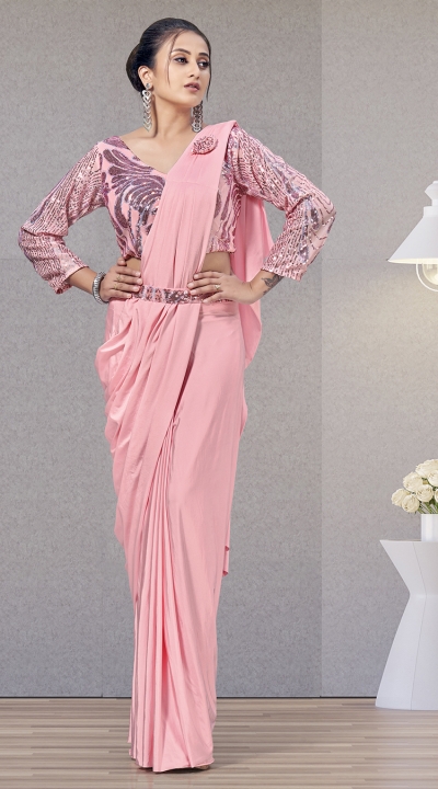 Pink lycra readymade saree 1015780b